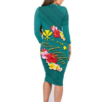 Aloha Kanaka Maoli Hawaii Flowers Family Matching Long Sleeve Bodycon Dress and Hawaiian Shirt With Polynesian Pattern Teal Color