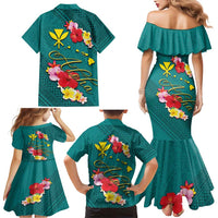 Aloha Kanaka Maoli Hawaii Flowers Family Matching Mermaid Dress and Hawaiian Shirt With Polynesian Pattern Teal Color