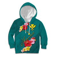 Aloha Kanaka Maoli Hawaii Flowers Kid Hoodie With Polynesian Pattern Teal Color