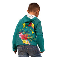 Aloha Kanaka Maoli Hawaii Flowers Kid Hoodie With Polynesian Pattern Teal Color