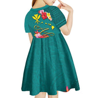 Aloha Kanaka Maoli Hawaii Flowers Kid Short Sleeve Dress With Polynesian Pattern Teal Color