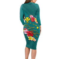 Aloha Kanaka Maoli Hawaii Flowers Long Sleeve Bodycon Dress With Polynesian Pattern Teal Color