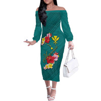 Aloha Kanaka Maoli Hawaii Flowers Off The Shoulder Long Sleeve Dress With Polynesian Pattern Teal Color