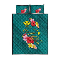 Aloha Kanaka Maoli Hawaii Flowers Quilt Bed Set With Polynesian Pattern Teal Color