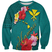 Aloha Kanaka Maoli Hawaii Flowers Sweatshirt With Polynesian Pattern Teal Color LT03 Unisex Teal - Polynesian Pride