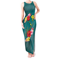 Aloha Kanaka Maoli Hawaii Flowers Tank Maxi Dress With Polynesian Pattern Teal Color