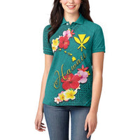 Aloha Kanaka Maoli Hawaii Flowers Women Polo Shirt With Polynesian Pattern Teal Color