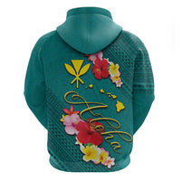 Aloha Kanaka Maoli Hawaii Flowers Zip Hoodie With Polynesian Pattern Teal Color