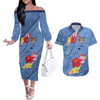 Bula Fiji Hibiscus and Plumeria Flowers Couples Matching Off The Shoulder Long Sleeve Dress and Hawaiian Shirt Tapa Tattoo Polynesian Pattern