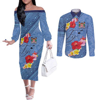 Bula Fiji Hibiscus and Plumeria Flowers Couples Matching Off The Shoulder Long Sleeve Dress and Long Sleeve Button Shirt Tapa Tattoo Polynesian Pattern