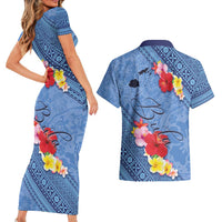 Bula Fiji Hibiscus and Plumeria Flowers Couples Matching Short Sleeve Bodycon Dress and Hawaiian Shirt Tapa Tattoo Polynesian Pattern