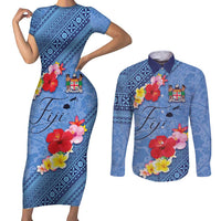 Bula Fiji Hibiscus and Plumeria Flowers Couples Matching Short Sleeve Bodycon Dress and Long Sleeve Button Shirt Tapa Tattoo Polynesian Pattern