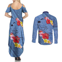 Bula Fiji Hibiscus and Plumeria Flowers Couples Matching Summer Maxi Dress and Long Sleeve Button Shirt Tapa Tattoo Polynesian Pattern