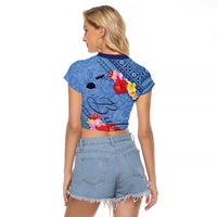 Bula Fiji Hibiscus and Plumeria Flowers Raglan Cropped T Shirt Tapa Tattoo Polynesian Pattern