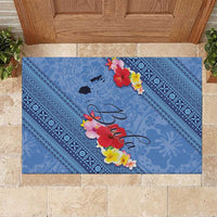 Bula Fiji Hibiscus and Plumeria Flowers Rubber Doormat Tapa Tattoo Polynesian Pattern