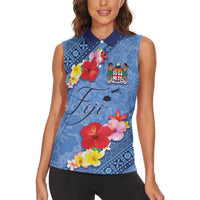 Bula Fiji Hibiscus and Plumeria Flowers Women Sleeveless Polo Shirt Tapa Tattoo Polynesian Pattern