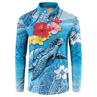 Hawaii Sea Turtle and Tropical Flowers Button Sweatshirt Polynesian Tattoo Undersea Vibe LT03 Blue - Polynesian Pride
