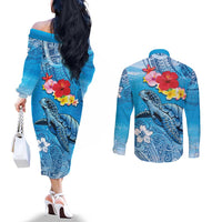 Hawaii Sea Turtle and Tropical Flowers Couples Matching Off The Shoulder Long Sleeve Dress and Long Sleeve Button Shirt Polynesian Tattoo Undersea Vibe