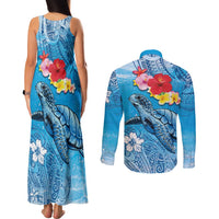 Hawaii Sea Turtle and Tropical Flowers Couples Matching Tank Maxi Dress and Long Sleeve Button Shirt Polynesian Tattoo Undersea Vibe LT03 - Polynesian Pride