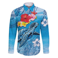 Hawaii Sea Turtle and Tropical Flowers Family Matching Off The Shoulder Long Sleeve Dress and Hawaiian Shirt Polynesian Tattoo Undersea Vibe