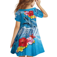 Hawaii Sea Turtle and Tropical Flowers Family Matching Off Shoulder Short Dress and Hawaiian Shirt Polynesian Tattoo Undersea Vibe