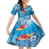 Hawaii Sea Turtle and Tropical Flowers Family Matching Puletasi and Hawaiian Shirt Polynesian Tattoo Undersea Vibe LT03 Daughter's Dress Blue - Polynesian Pride