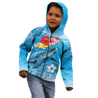 Hawaii Sea Turtle and Tropical Flowers Kid Hoodie Polynesian Tattoo Undersea Vibe
