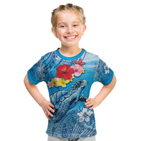 Hawaii Sea Turtle and Tropical Flowers Kid T Shirt Polynesian Tattoo Undersea Vibe LT03 Blue - Polynesian Pride