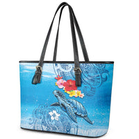 Hawaii Sea Turtle and Tropical Flowers Leather Tote Bag Polynesian Tattoo Undersea Vibe LT03 - Polynesian Pride