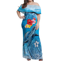 Hawaii Sea Turtle and Tropical Flowers Off Shoulder Maxi Dress Polynesian Tattoo Undersea Vibe LT03 Women Blue - Polynesian Pride