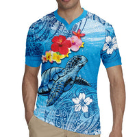 Hawaii Sea Turtle and Tropical Flowers Rugby Jersey Polynesian Tattoo Undersea Vibe LT03 - Polynesian Pride