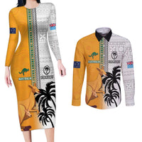 Custom Fiji and Australia Rugby Couples Matching Long Sleeve Bodycon Dress and Long Sleeve Button Shirt Aboriginal and Fijian Masi Pattern