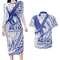 American Samoa Pago Pago Aeto Couples Matching Long Sleeve Bodycon Dress and Hawaiian Shirt Wingstyle Blue-White Color LT03 White - Polynesian Pride