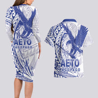 American Samoa Pago Pago Aeto Couples Matching Long Sleeve Bodycon Dress and Hawaiian Shirt Wingstyle Blue-White Color LT03 - Polynesian Pride