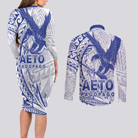 Samoa Pago Pago Aeto Couples Matching Long Sleeve Bodycon Dress and Long Sleeve Button Shirt Wingstyle Blue-White Color - Polynesian Pride