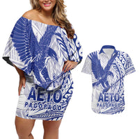 American Samoa Pago Pago Aeto Couples Matching Off Shoulder Short Dress and Hawaiian Shirt Wingstyle Blue-White Color LT03 White - Polynesian Pride