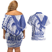 American Samoa Pago Pago Aeto Couples Matching Off Shoulder Short Dress and Hawaiian Shirt Wingstyle Blue-White Color LT03 - Polynesian Pride