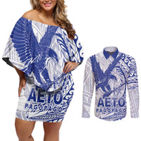 Samoa Pago Pago Aeto Couples Matching Off Shoulder Short Dress and Long Sleeve Button Shirt Wingstyle Blue-White Color - Polynesian Pride