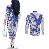 Samoa Pago Pago Aeto Couples Matching Off The Shoulder Long Sleeve Dress and Long Sleeve Button Shirt Wingstyle Blue-White Color - Polynesian Pride