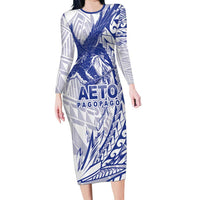 Samoa Pago Pago Aeto Family Matching Long Sleeve Bodycon Dress and Hawaiian Shirt Wingstyle Blue-White Color - Polynesian Pride