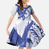 Samoa Pago Pago Aeto Family Matching Off The Shoulder Long Sleeve Dress and Hawaiian Shirt Wingstyle Blue-White Color - Polynesian Pride