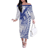 Samoa Pago Pago Aeto Family Matching Off The Shoulder Long Sleeve Dress and Hawaiian Shirt Wingstyle Blue-White Color - Polynesian Pride