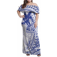 Samoa Pago Pago Aeto Family Matching Off Shoulder Maxi Dress and Hawaiian Shirt Wingstyle Blue-White Color - Polynesian Pride