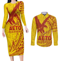 Samoa Pago Pago Aeto Couples Matching Long Sleeve Bodycon Dress and Long Sleeve Button Shirt Wingstyle Red-Gold Color - Polynesian Pride
