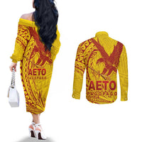 Samoa Pago Pago Aeto Couples Matching Off The Shoulder Long Sleeve Dress and Long Sleeve Button Shirt Wingstyle Red-Gold Color - Polynesian Pride