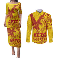 Samoa Pago Pago Aeto Couples Matching Puletasi and Long Sleeve Button Shirt Wingstyle Red-Gold Color - Polynesian Pride