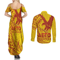 Samoa Pago Pago Aeto Couples Matching Summer Maxi Dress and Long Sleeve Button Shirt Wingstyle Red-Gold Color - Polynesian Pride