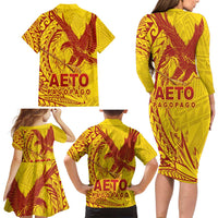 Samoa Pago Pago Aeto Family Matching Long Sleeve Bodycon Dress and Hawaiian Shirt Wingstyle Red-Gold Color - Polynesian Pride