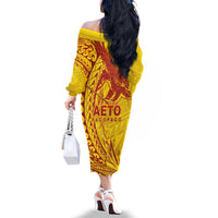 Samoa Pago Pago Aeto Family Matching Off The Shoulder Long Sleeve Dress and Hawaiian Shirt Wingstyle Red-Gold Color - Polynesian Pride