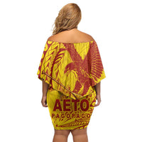 Samoa Pago Pago Aeto Family Matching Off Shoulder Short Dress and Hawaiian Shirt Wingstyle Red-Gold Color - Polynesian Pride